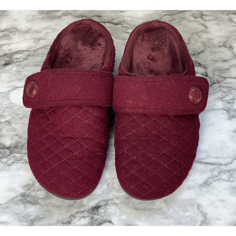 Vionic Carlin Mule Slippers Women's Size 8 Red Faux-Fur Quilted Comfort